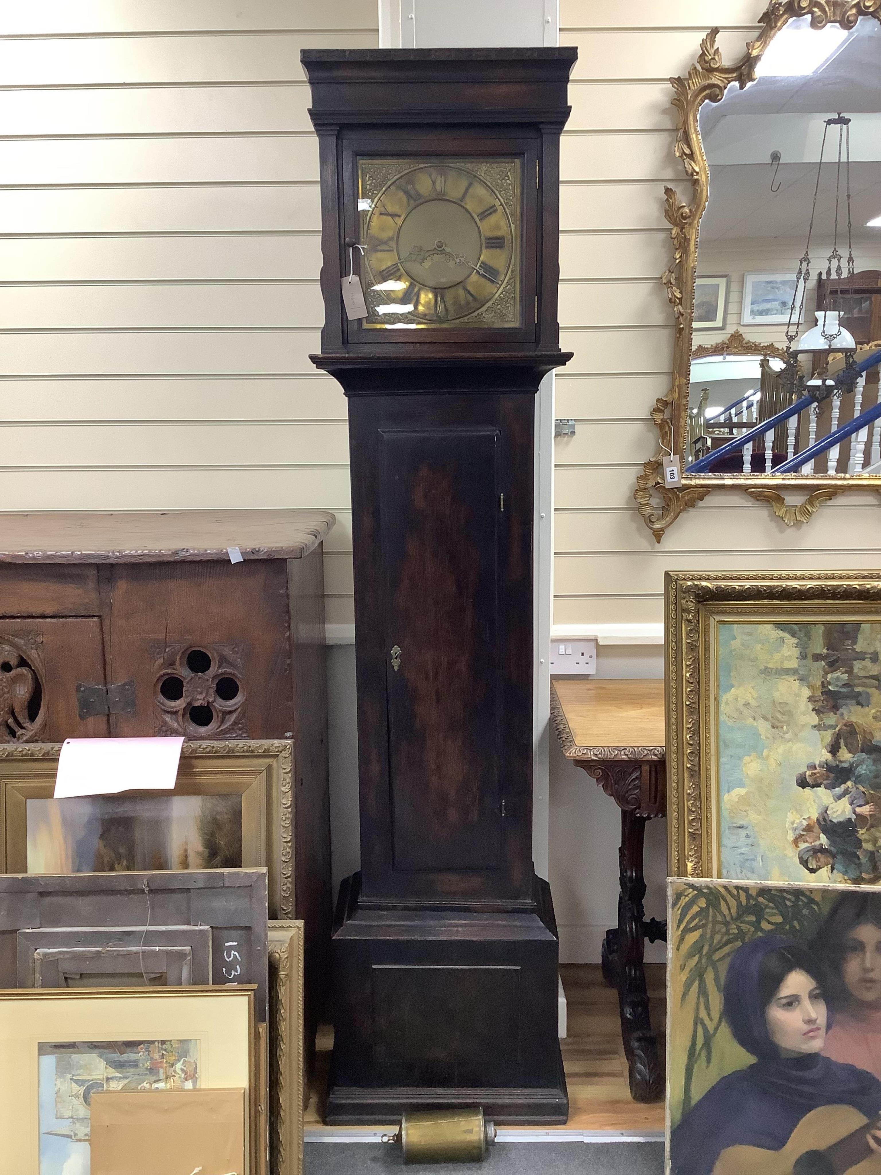 An oak cased thirty hour longcase clock, height 194cm. Condition - fair